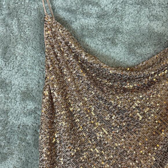 Asos Sequin Cami Mini Dress Cowl Neck Bronze Blush Pink Neutral 6 Tall 6T - Picture 4 of 11
